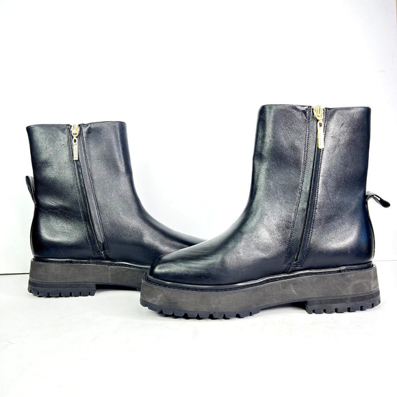 Larroude Hailey Faux Fur Lined Platform Bootie Ankle Boot Black Leather Square - Picture 4 of 10